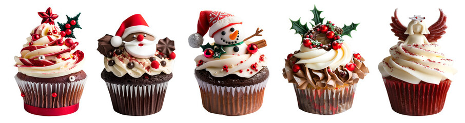 Christmas Xmas Cupcake muffin with icing frosting topping of angel, holly mistletoe, santa claus, snowman, decorations on transparent PNG. Many different flavour. Mockup template for artwork design