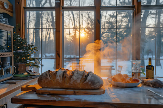 fresh bread on the table in the morning