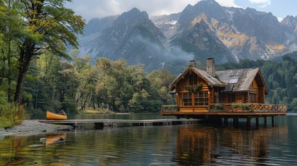 Fototapeta premium Serene Mountain Retreat: A Tranquil Escape in the Wilderness