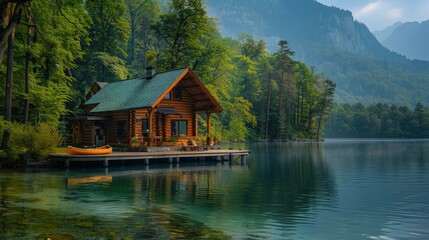 Obraz premium Serene Lakeside Cabin Nestled in Lush Forested Landscape