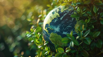 Earth with a protective shield of green leaves, highlighting global environmental conservation.