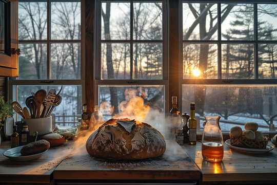 fresh bread on the table in the morning