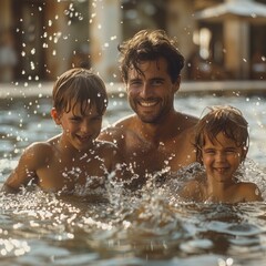 Obraz premium Playful Family Fun: Father and Two Children Splashing Water in Pool on Sunny Day