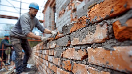 A construction worker in a blue hardhat lays red bricks on a wall, carefully applying mortar