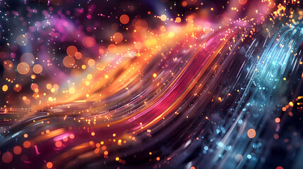 Obraz premium A digital painting of fiber optic cables with glowing tips featuring a dynamic side view against a dark abstract space with swirling lights The scene is characterized by bright vivid colors
