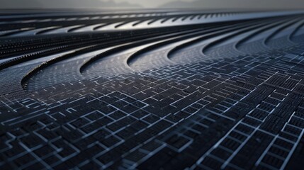 solar farm with abstract elements, highlighting innovative renewable energy solutions.