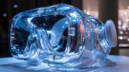 A transparent standalone VR headset rests on a white surface, with its design illuminated by blue light.