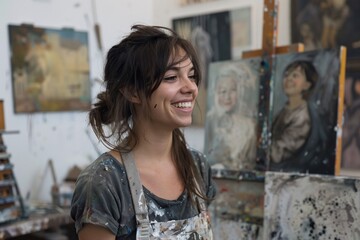 Fototapeta premium A young woman with paint-splattered clothes smiles as she looks over her art studio. She is surrounded by canvases and artwork