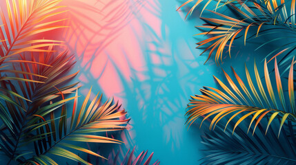 Tropical palm leaves with colorful lighting on