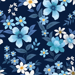 Obraz premium Beautiful white and blue flowers on navy blue background seamless pattern for fabric textile wallpaper.