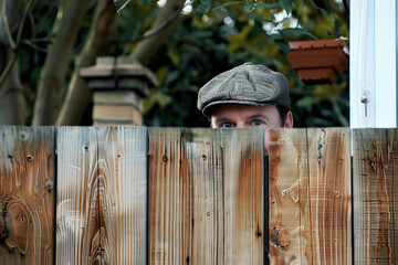 Nosy neighbor peeking over the fence, spying on his neighbours during the covid-19 lockdown