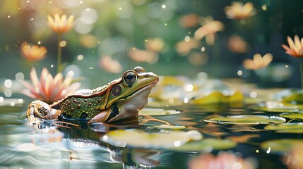 Obraz premium A green frog rests on a lily pad in a pond, surrounded by lily pads and sunlit flowers. The water is calm and reflects the sunlight