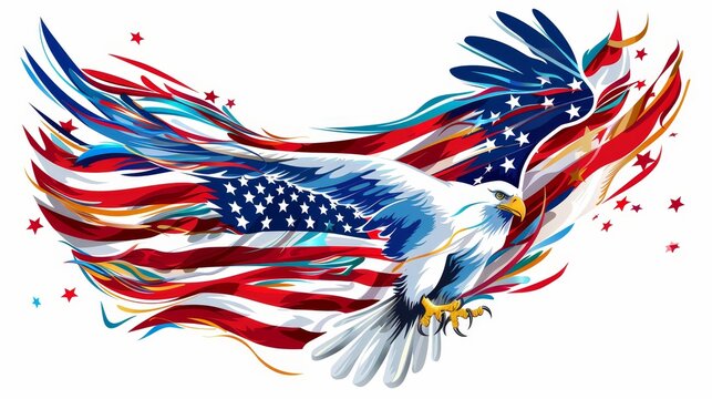 Isolated on a white background, this digital illustration of an eagle and American flag intertwined in a patriotic design boasts vibrant colors.
