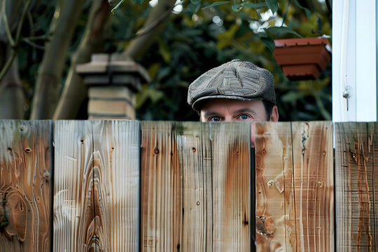 Nosy neighbor peeking over the fence, spying on his neighbours during the covid-19 lockdown