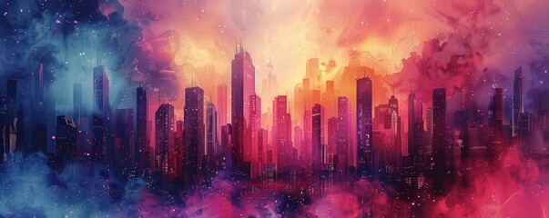 Fototapeta premium A watercolor painting of a futuristic city nestled among towering skyscrapers, its vibrant colors and flowing lines creating a sense of wonder.