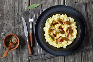 Brown Butter Potato Mash with fried sage leaves