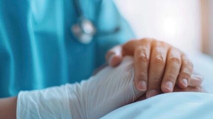 A doctor comforting a patient with a reassuring touch in warm lighting in a patient room, banner, with copy space