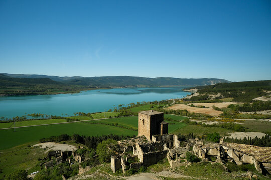 Abandoned village under the mountains and yesa lake