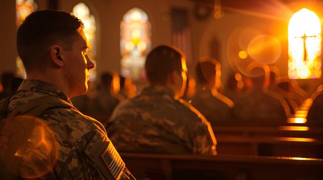 A soldier in full uniform attends a church service. He sits in the pews while other people are also present