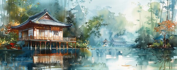 A watercolor painting of a charming Japanese teahouse nestled among a serene bamboo forest, its delicate wooden structure exuding tranquility, showcasing traditional Japanese architecture.
