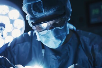 A doctor treating a patient with a careful procedure under sterile lighting in an operating room, banner, with copy space