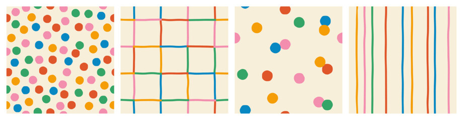 Set of cute seamless patterns of multicolored curved checkered lines and confetti, polka dots, striped pattern on a light background, hand drawn illustration © Мария Кривецкая
