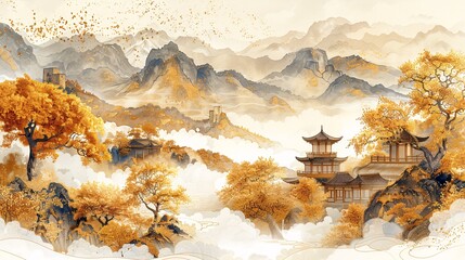 A traditional Chinese painting depicting a majestic mountain landscape with a pagoda nestled amongst golden trees and white clouds