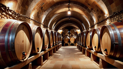 Long wine cellar with wooden barrels