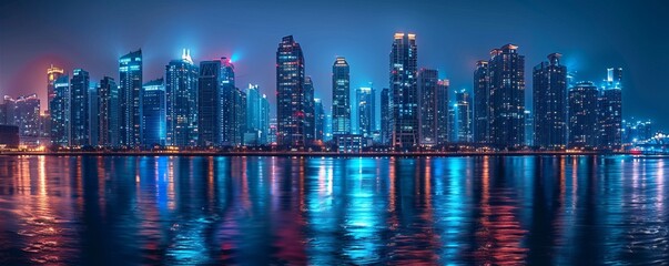 Fototapeta premium Dynamic city skyline at night, ablaze with lights, 4K hyperrealistic photo