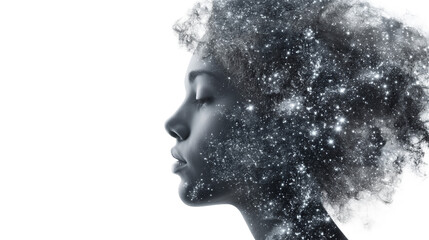 A woman with long hair is shown in a blurry, dreamy style isolated on a transparent background