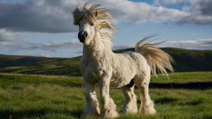 Obraz premium A white horse standing in a field with grass and trees, AI