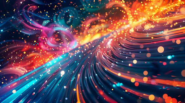 A digital painting depicting a captivating scene of fiber optic cables with glowing tips set against a dynamic abstract background featuring swirling lights vibrant colors and smooth gradients