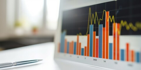 Fototapeta premium A clean white surface displaying a bar graph with a notable increase in stock prices, highlighting market growth.