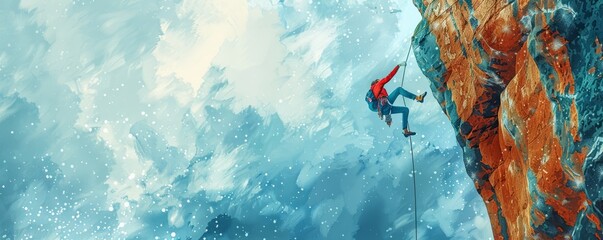 A watercolor painting of a rock climber scaling a challenging cliff face, their determination and focus evident in their every move.