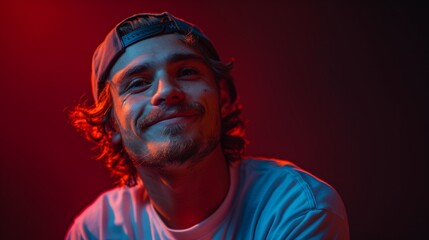 Young Man With Wavy Hair Wearing a Blue Shirt and a Cap Smiles in Red Lighting