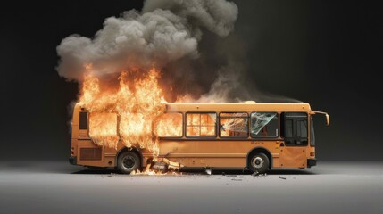 Dramatic Photograph of Crashed and Burning Tour Bus on Solid Black Background