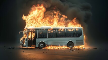 Dramatic Burning Tour Bus After Severe Accident Captured Against Dark Background