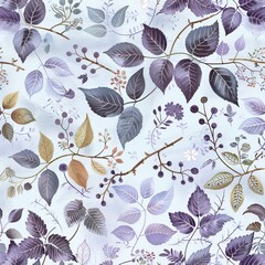 Watercolor Floral Seamless Pattern with Purple Leaves and Berries on a Light Blue Background