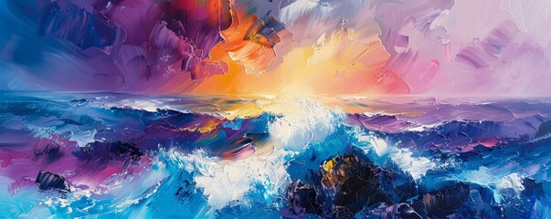 A vibrant abstract painting capturing the essence of a stormy sea, with waves crashing against jagged rocks.