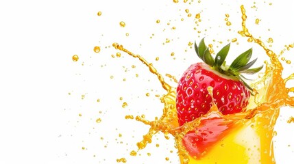 A strawberry slice splashing into a burst of sweet juice, banner, with copy space