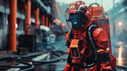 Fototapeta premium Predict the future trend of firefighting robots including advances in materials energy efficiency and integration with smart city infrastructure.