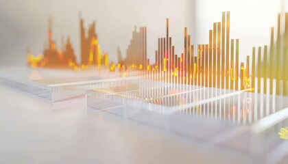 A clear white surface displaying a bar graph with a dramatic rise in stock values, indicating strong market performance.