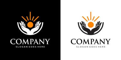 logo of hand holding sun light icon vector