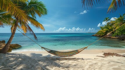 Fototapeta premium Tranquil Tropical Paradise: Hammock on a Secluded Beach with Turquoise Waters