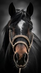 A horse with a rope around its neck looking straight ahead, AI