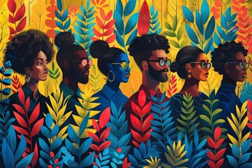 Fototapeta premium A community gathering using digital tools to promote sustainability Collaborative Illustration Warm colors Engaging