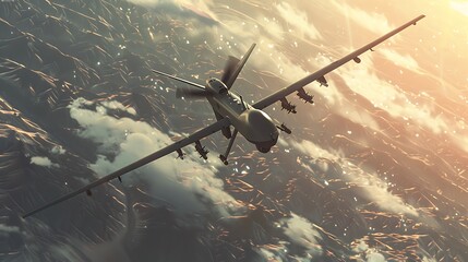 Naklejka premium Military Drone Flying Through Clouds