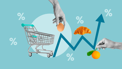 Inflation as Food price increase cause. Collage with shopping trolley and goods on the arrow of the...