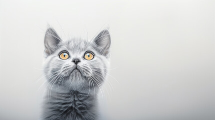 Obraz premium British Shorthair kitten looking upwards with bright, alert eyes, showcasing its fluffy fur and expressive face.