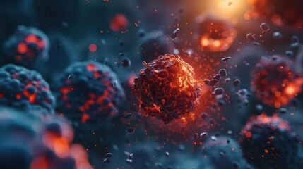 An oncological EruptiveFlash highlighting a dramatic scene of cancer cells and treatment effects, bursting into a bright, intense flash, banner, with copy space